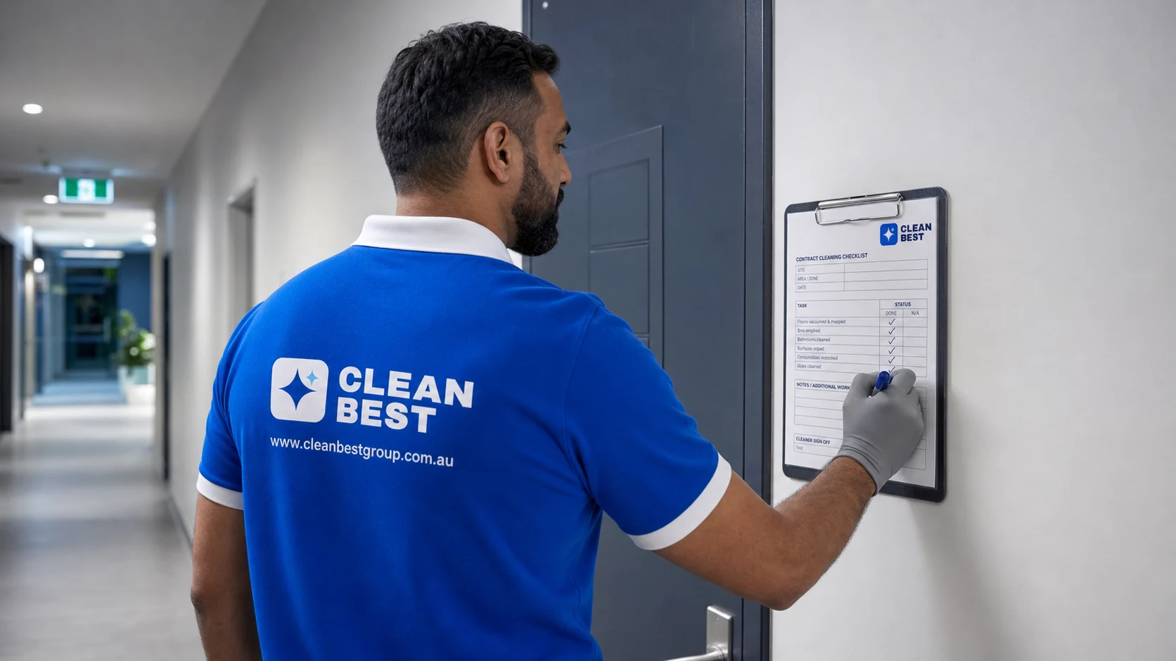 Clean Best commercial cleaner working through a town centre business premises after trading hours in Fairfield NSW